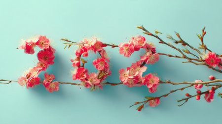 A vibrant arrangement of pink flowers creatively forms the number 2023 against a turquoise background, capturing the essence of spring and renewal.の素材