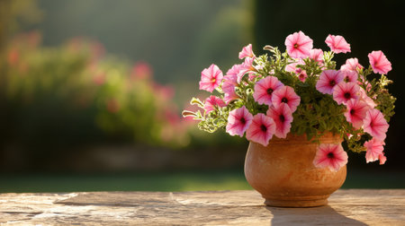 A charming arrangement of pink petunias in a rustic terracotta pot, beautifully lit by warm sunlight, creates a tranquil outdoor scene.の素材
