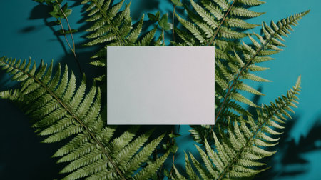 An artistic arrangement featuring a blank piece of paper nestled among lush fern leaves against a vibrant turquoise backdrop, ideal for creative projects.の素材