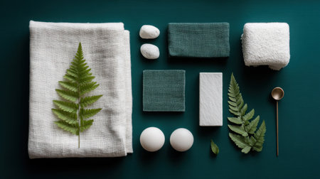 This artful flat lay features a minimalist arrangement of ferns, white textiles, and soft colors, creating a serene and calming aesthetic. Perfect for home decor inspiration.の素材