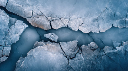 This aerial image showcases intricate cracked ice formations over serene blue water, highlighting the stunning beauty of winter landscapes.の素材