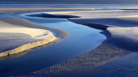 This stunning image captures a tranquil coastal landscape featuring shallow water and soft sandbanks. The intricate patterns formed by the flowing river at low tide reflect a peaceful scene, perfect for nature lovers and travel enthusiasts.の素材