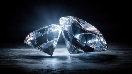 Two stunning diamonds radiate brilliance against a dark background, highlighting their exquisite cuts and reflections, epitomizing luxury and elegance.の素材