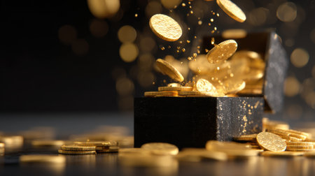A stunning image of golden coins cascading from an open treasure chest against a dark background, representing wealth and prosperity.の素材