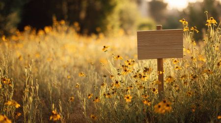 A rustic wooden sign stands amidst a vibrant field of yellow wildflowers, bathed in warm sunlight, creating a serene and natural landscape perfect for showcasing the beauty of nature.の素材