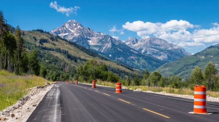 A stunning view of a mountain road undergoing construction, framed by vibrant trees and a brilliant blue sky highlighting nature's beauty.の素材