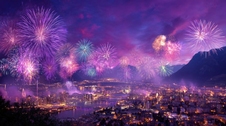 A captivating fireworks display lights up the night sky above a vibrant city, with colorful bursts reflecting in the tranquil water, showcasing beauty and celebration.の素材
