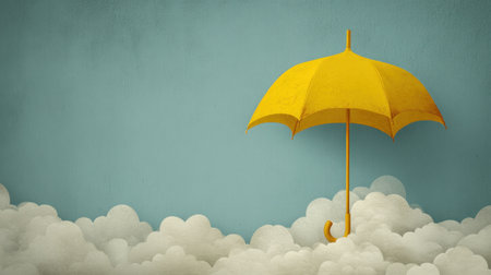 A vibrant yellow umbrella floats gracefully above soft white clouds against a soothing blue backdrop, evoking creativity and peace. Perfect for imaginative concepts.の素材