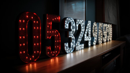 A stunning display of illuminated numbers 0 to 9 in vibrant red and white lights creates an artistic ambiance on a wooden table.の素材