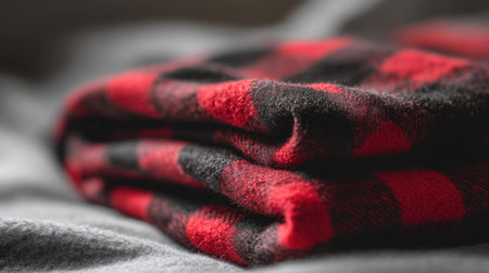 A neatly folded red plaid flannel blanket adds warmth and texture to a soft gray bedding setup, creating an inviting and cozy atmosphere for relaxation.の素材