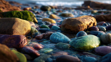 A captivating scene of colorful pebbles scattered along a beach shoreline, with gentle waves lapping at the stones, creating a tranquil setting.の素材