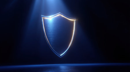 A stunning glowing shield symbol set against a dark background, representing security and protection. Ideal for digital art themes.の素材