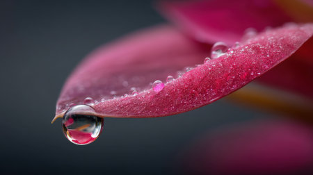 This high-resolution image captures water droplets resting delicately on a vibrant pink petal, showcasing stunning details and rich colors.の素材