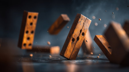 A stunning close-up of wooden dominoes in mid-fall, showcasing dynamic motion with dust particles. The dramatic lighting enhances the action and energy, perfect for illustrating gameplay or strategy themes.の素材