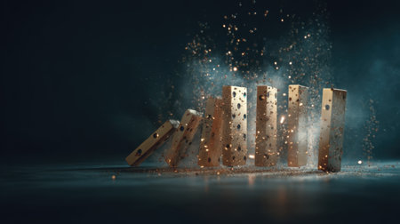 A captivating image of wooden dominoes falling in a dynamic arrangement, surrounded by swirling dust and sparkles in a dark setting.の素材