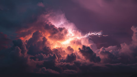 Capture the beauty of a dramatic storm scene featuring dark clouds infused with vibrant colors, illuminated by striking lightning at dusk.の素材