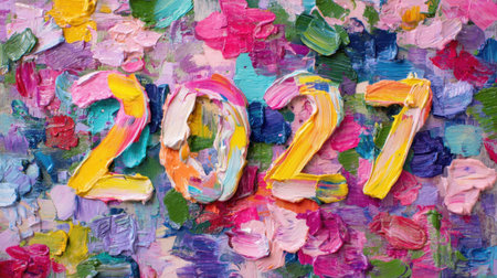 A stunning abstract artwork featuring the year 2027, crafted with colorful textured paint on a lively background, perfect for celebrating.の素材