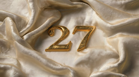 A striking gold number 27 rests elegantly on smooth satin fabric, creating a sophisticated atmosphere perfect for celebrations and special occasions.の素材