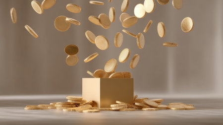 A captivating image of golden coins raining down from an open box, representing concepts of wealth, prosperity, and financial success.の素材
