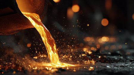 A captivating image featuring molten metal pouring from a crucible, creating sparks and a vibrant glow in a dark industrial environment. The scene exposes the intricacies of metalworking processes and showcases the beauty of liquid metal in motion.の素材