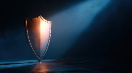 A striking metallic shield stands tall in a dark environment, illuminated by dramatic lighting and atmospheric effects, symbolizing protection and strength.の素材