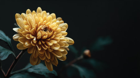 A captivating close-up of a yellow chrysanthemum flower showcasing its intricate petals and lush green leaves, creating a serene atmosphere.の素材