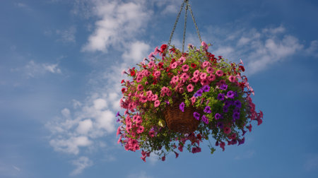A stunning hanging basket filled with vibrant petunias showcases a breathtaking display of colors against a clear blue sky. Perfect for nature lovers.の素材