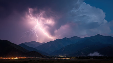 Breathtaking view of lightning penetrating a stormy night sky over majestic mountains, capturing the raw power of nature and atmospheric beauty.の素材