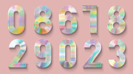 Vibrant abstract numbers with an iridescent effect displayed on a soft pink background, perfect for modern design projects and creative artwork.の素材