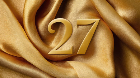 A stunning close-up of a number twenty-seven set against a rich golden fabric background. The smooth texture and elegant shine create a luxurious feel, perfect for celebrations and special occasions.の素材