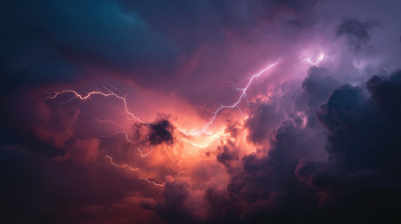 A stunning display of lightning strikes illuminates dark storm clouds, creating a dramatic and colorful sky at dusk. The natural beauty of this weather phenomenon evokes a sense of awe and wonder, perfect for capturing the intensity and power of nature.の素材