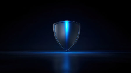 A sleek blue shield emblem stands out against a dark background, symbolizing protection and security in modern design. Ideal for technology themes.の素材
