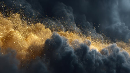 This striking image showcases a dynamic blend of dark clouds infused with shimmering gold particles, creating an atmospheric and cinematic backdrop.の素材