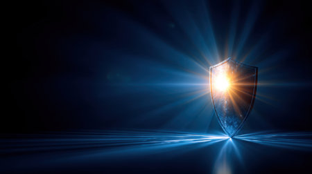 This image features a glossy shield reflecting a brilliant light burst against a dark background, symbolizing themes of protection and security.の素材