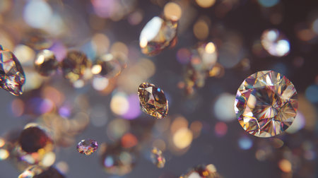 A mesmerizing display of floating diamonds sparkles against a softly blurred bokeh background, evoking feelings of luxury, elegance, and beauty in every detail.の素材