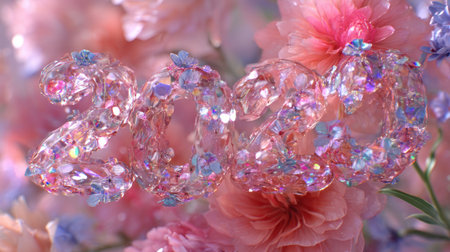 A stunning display of crystal number 2020 surrounded by delicate pink and lavender flowers, creating a vibrant, joyful, and artistic background perfect for celebrations.の素材