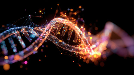 This captivating image features an abstract representation of DNA strands intertwined in a vibrant and colorful display, set against a dark background. Perfect for projects in science, health, or education, it highlights the beauty of biological structures and the complexity of genetic codes.の素材