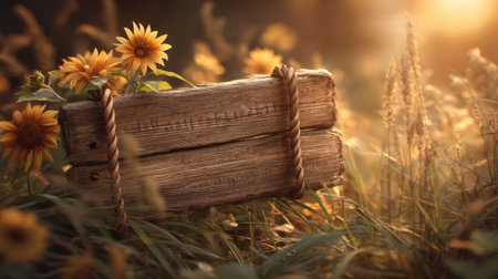 A charming rustic wooden sign surrounded by blooming sunflowers in a sunlit meadow, capturing the essence of nature beauty at golden hour.の素材