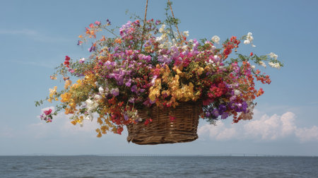 A stunning arrangement of vibrant flowers in a woven basket hangs beautifully over calm waters under a clear blue sky, creating a serene scene.の素材