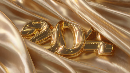 A stunning golden number 204 rests on luxurious satin fabric, creating an elegant backdrop perfect for New Year celebrations and festive themes.の素材