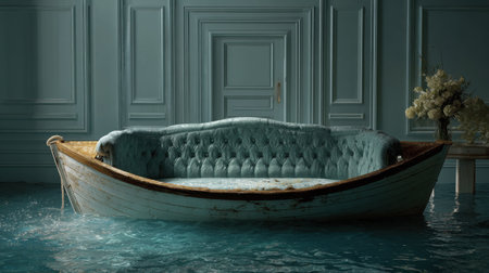 A stunning visual of a vintage upholstered sofa placed in a decorative boat, surrounded by calm water in an elegantly designed room, showcasing unique and artistic interior decor.の素材