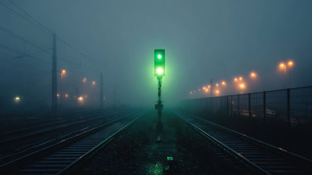 A captivating night scene featuring a green signal amidst a foggy landscape, with soft glowing lights illuminating the train tracks.の素材