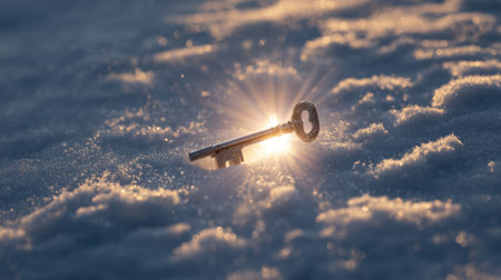 A single metallic key rests on a bed of fresh snow, illuminated by sunlight creating a magical atmosphere. The scene evokes feelings of mystery and exploration, inviting viewers to ponder its story.の素材
