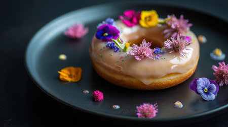 A beautifully crafted donut adorned with vibrant edible flowers, creating an appealing and artistic presentation for dessert lovers.の素材
