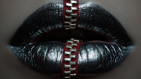 A captivating close-up of black glossy lips adorned with a striking red zipper detail, perfect for showcasing bold beauty and fashion creativity.の素材