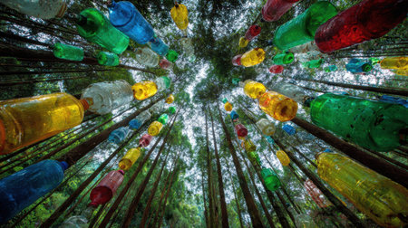 This captivating image captures a unique art installation featuring colorful bottles suspended among towering trees, creating a striking visual experience.の素材