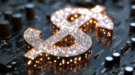A close-up view of a sparkling dollar sign illuminated with LED lights, resting on a circuit board, symbolizing the intersection of finance and technology.の素材