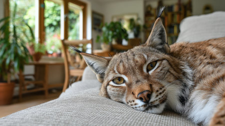 A stunning lynx enjoys a moment of relaxation on a soft sofa in a well-lit living room, surrounded by indoor greenery and warmth.の素材
