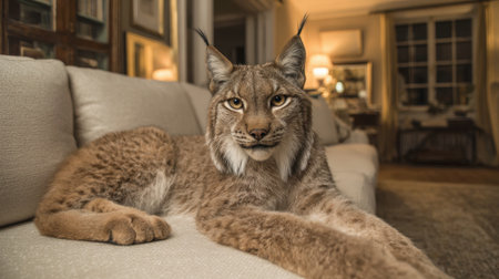A captivating lynx poses gracefully on a plush sofa in a beautifully arranged living room, blending nature with comfort and elegance.の素材