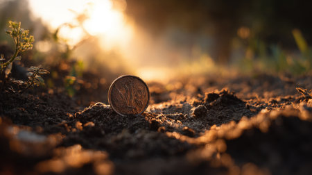 A detailed close-up image of a coin resting on rich soil, captured in soft natural light, showcasing a serene outdoor scene.の素材